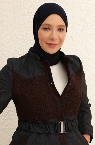 Garni Detaylı Kemerli Kapitone Kaban 9519-01 Lacivert Bordo
