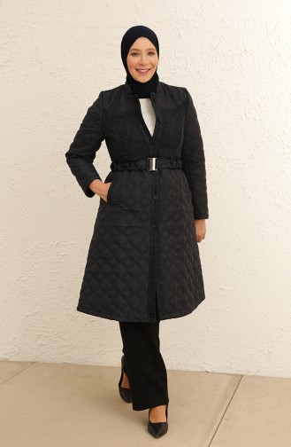 Garni Detaylı Kemerli Kapitone Kaban 9519-03 Lacivert