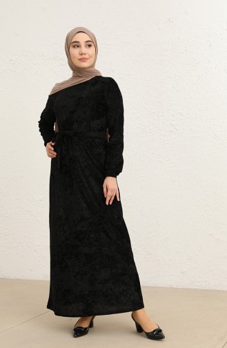 Kuşaklı Kadife Elbise 1782-01 Siyah