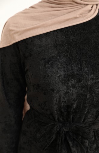 Kuşaklı Kadife Elbise 1782-01 Siyah