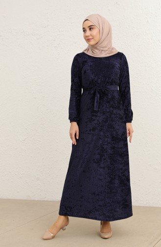 Kuşaklı Kadife Elbise 1782-03 Lacivert