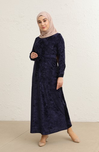 Kuşaklı Kadife Elbise 1782-03 Lacivert