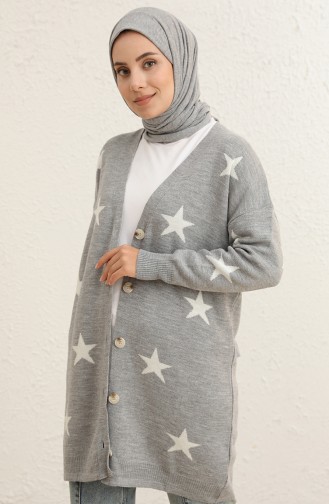 Triko Yıldız Desen Hırka 22149-08 Gri Beyaz