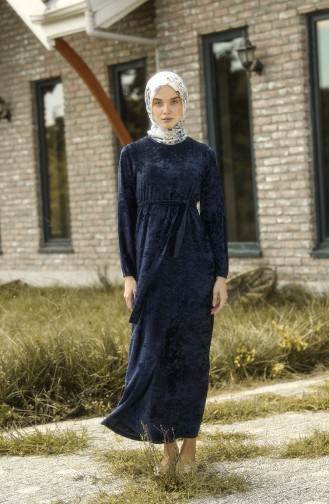 Kuşaklı Kadife Elbise 1782-03 Lacivert