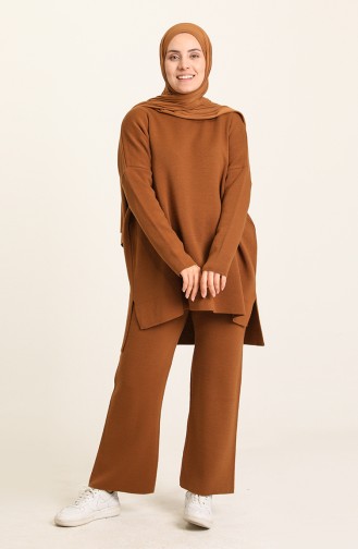 Triko Yırtmaçlı Tunik Pantolon İkili Takım 22154-01 Taba