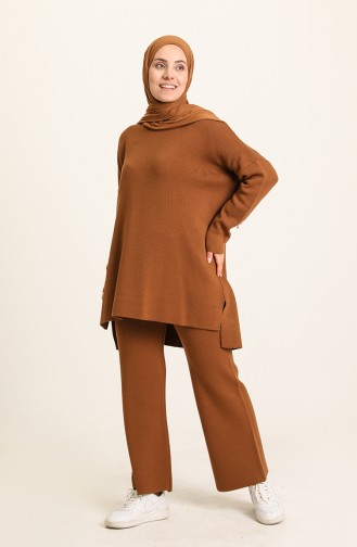 Triko Yırtmaçlı Tunik Pantolon İkili Takım 22154-01 Taba