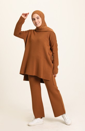 Triko Yırtmaçlı Tunik Pantolon İkili Takım 22154-01 Taba