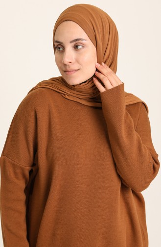 Triko Yırtmaçlı Tunik Pantolon İkili Takım 22154-01 Taba
