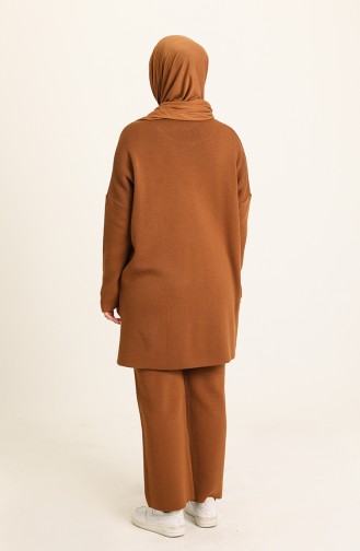 Triko Yırtmaçlı Tunik Pantolon İkili Takım 22154-01 Taba