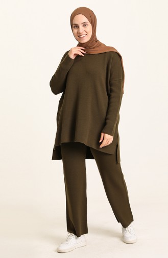 Triko Yırtmaçlı Tunik Pantolon İkili Takım 22154-04 Haki
