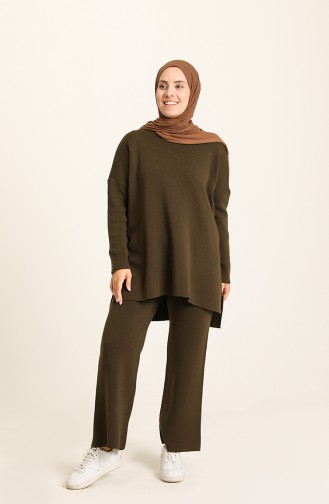 Triko Yırtmaçlı Tunik Pantolon İkili Takım 22154-04 Haki