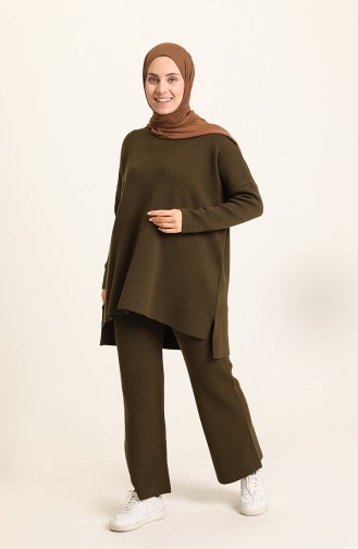Triko Yırtmaçlı Tunik Pantolon İkili Takım 22154-04 Haki