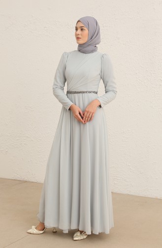 Gray Hijab Evening Dress 5737-04