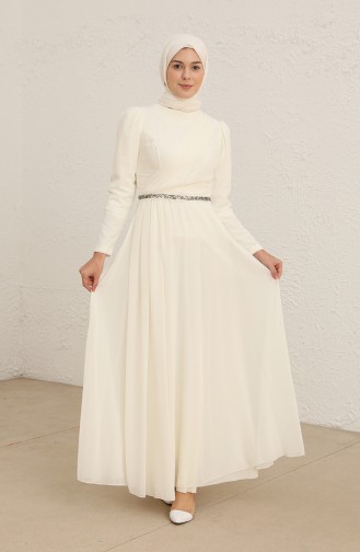 Taşlı Şifon Abiye Elbise 5737-05 Ekru