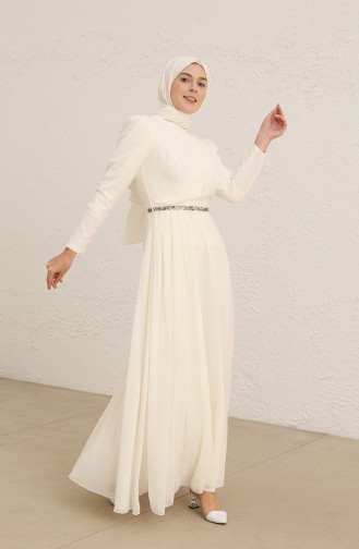 Taşlı Şifon Abiye Elbise 5737-05 Ekru