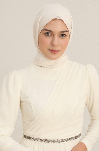 Taşlı Şifon Abiye Elbise 5737-05 Ekru