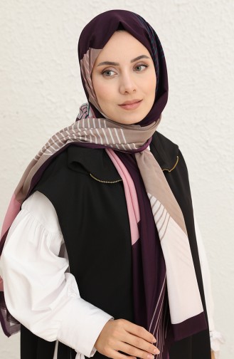 Çizgi Desenli Pamuk Şal 1097-10 Pudra Mürdüm