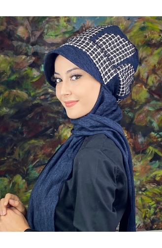 Damla Model Ekoseli Tesettür Şapka Şal 14EYL22ŞPK-02 Lacivert