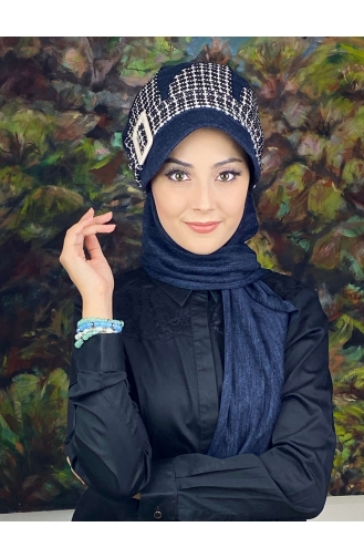 Damla Model Ekoseli Tesettür Şapka Şal 14EYL22ŞPK-02 Lacivert