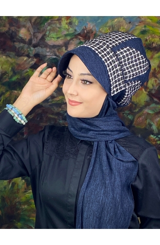 Damla Model Ekoseli Tesettür Şapka Şal 14EYL22ŞPK-02 Lacivert
