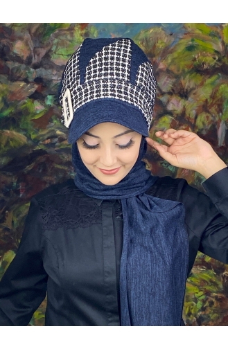 Damla Model Ekoseli Tesettür Şapka Şal 14EYL22ŞPK-02 Lacivert