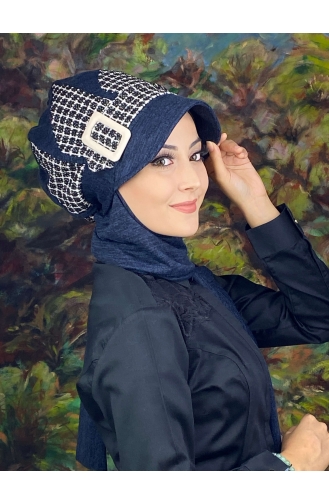 Damla Model Ekoseli Tesettür Şapka Şal 14EYL22ŞPK-02 Lacivert