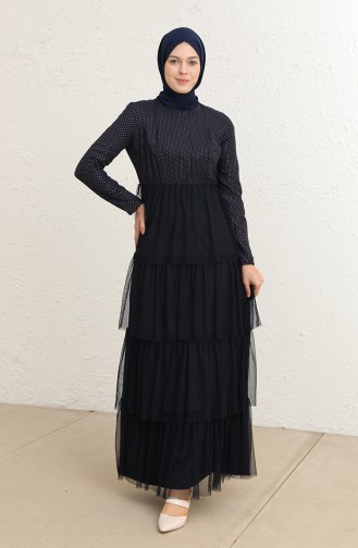 Navy Blue Hijab Evening Dress 60286-01