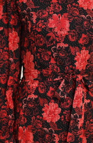 Çiçek Desenli Kuşaklı Viskon Elbise 60265-01 Siyah Kırmızı