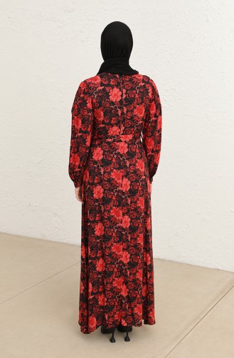 Çiçek Desenli Kuşaklı Viskon Elbise 60265-01 Siyah Kırmızı
