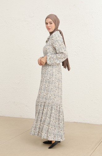 Çiçek Desenli Kuşaklı Viskon Elbise 60285-03 Bej