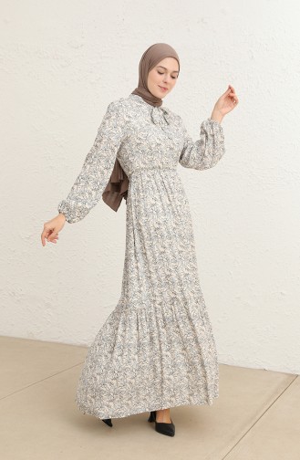 Çiçek Desenli Kuşaklı Viskon Elbise 60285-03 Bej