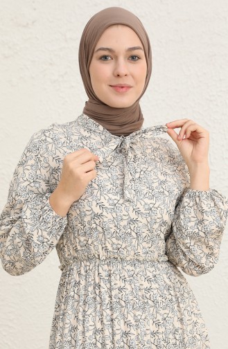 Çiçek Desenli Kuşaklı Viskon Elbise 60285-03 Bej