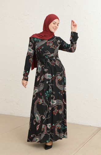 Ebruli Desen Viskon Elbise 60289-01 Siyah Yeşil
