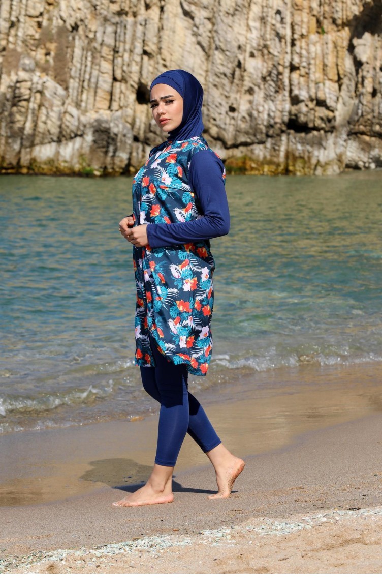 Seboteks Floral Desen Jile Taytl Tam Kapal Tesettur Mayo 2348 Lacivert Sefamerve