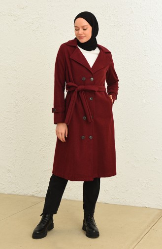 Kuşaklı Düğmeli Kaşe Kaban 4015-08 Bordo
