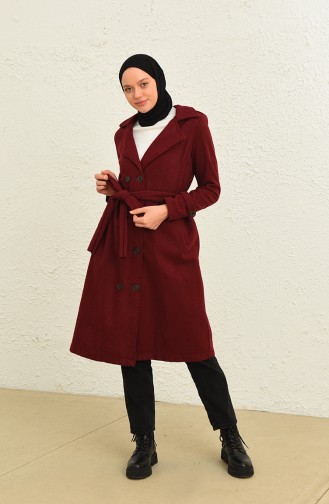 Kuşaklı Düğmeli Kaşe Kaban 4015-08 Bordo