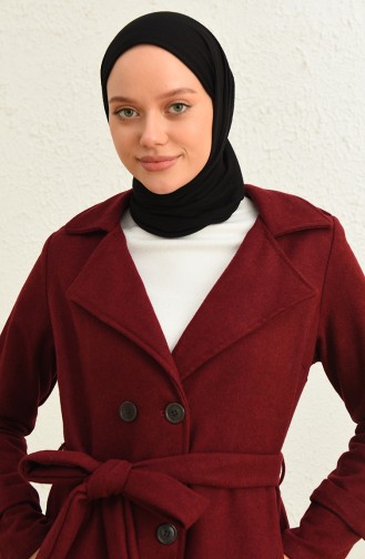 Kuşaklı Düğmeli Kaşe Kaban 4015-08 Bordo