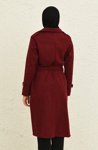 Kuşaklı Düğmeli Kaşe Kaban 4015-08 Bordo