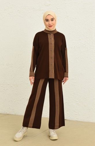 Triko Çizgili Tunik Pantolon İkili Takım 0565-04 Kahverengi