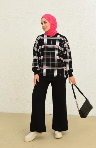 Triko Çizgili Tunik Pantolon İkili Takım 0577-04 Siyah