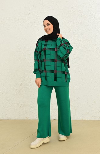 Triko Çizgili Tunik Pantolon İkili Takım 0577-05 Zümrüt Yeşili