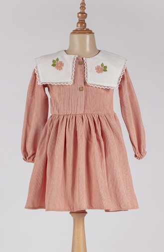 Çiçek Işleme Yakalı Kadife Kız Bebek Elbisesi MNF221526-04 Somon