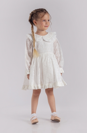 Dantel Bebe Yaka Uzun Kollu Kız Bebek Elbisesi MNF221167-01 Beyaz