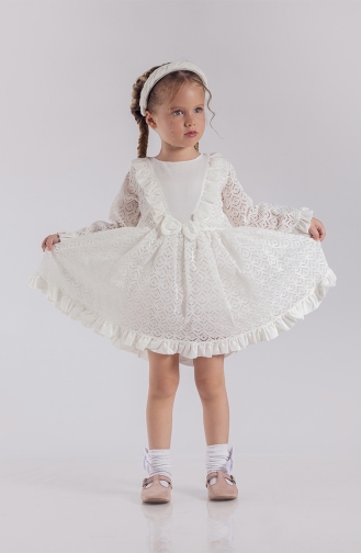 Dantel Kumaş Uzun Kollu Kız Bebek Elbisesi MNF208879-01 Beyaz