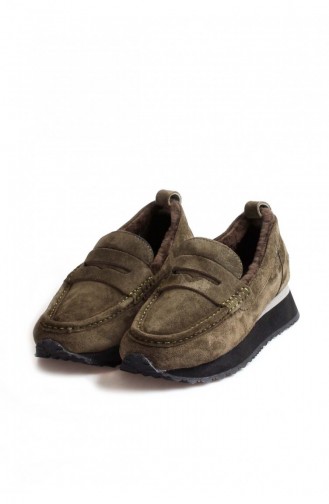 Hakiki Deri Kürklü Kadın Casual Ayakkabı 009Kzaf0069 1 Yeşil Süet