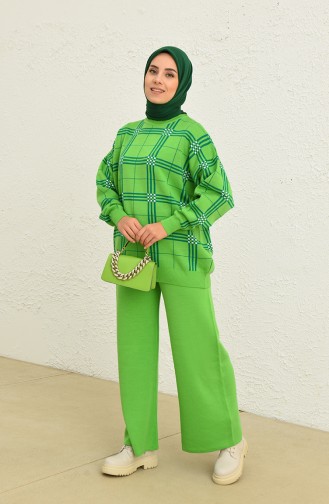 Triko Çizgili Tunik Pantolon İkili Takım 0577-02 Fıstık Yeşili