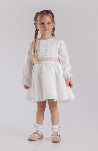 Uzun Kollu Kız Bebek Elbisesi MNF221211D-01 Beyaz