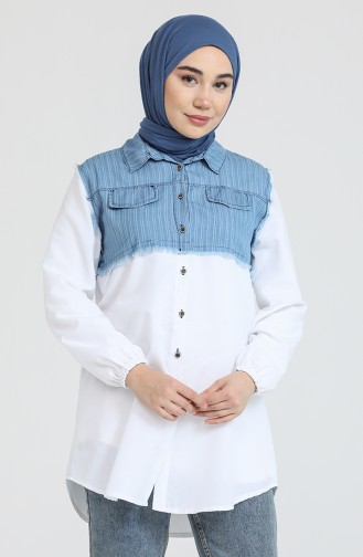 Kensiz Kot Detaylı Çizgili Gömlek 1060-004 Mavi Beyaz