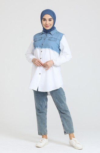 Kensiz Kot Detaylı Çizgili Gömlek 1060-004 Mavi Beyaz