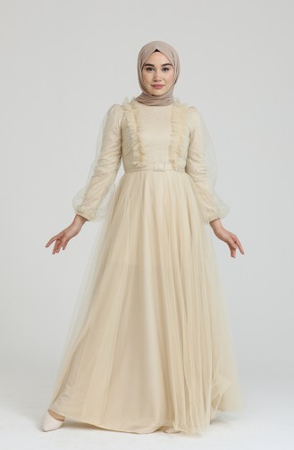 Beige Hijab Evening Dress 70010-02